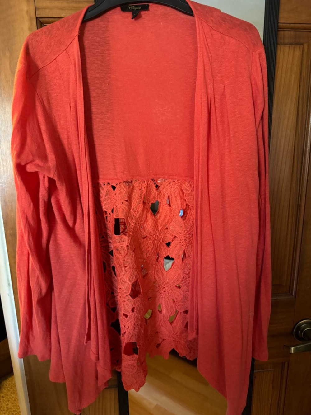 Cupio Coral Open-Front Cardigan with Crochet Back